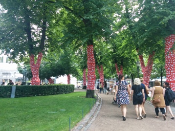 Trees wrapped with polka dotted fabric